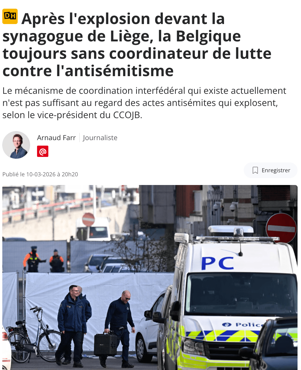 La DH - Après l'explosion devant la synagogue de Liège, la Belgique toujours sans coordinateur de lutte contre l'antisémitisme