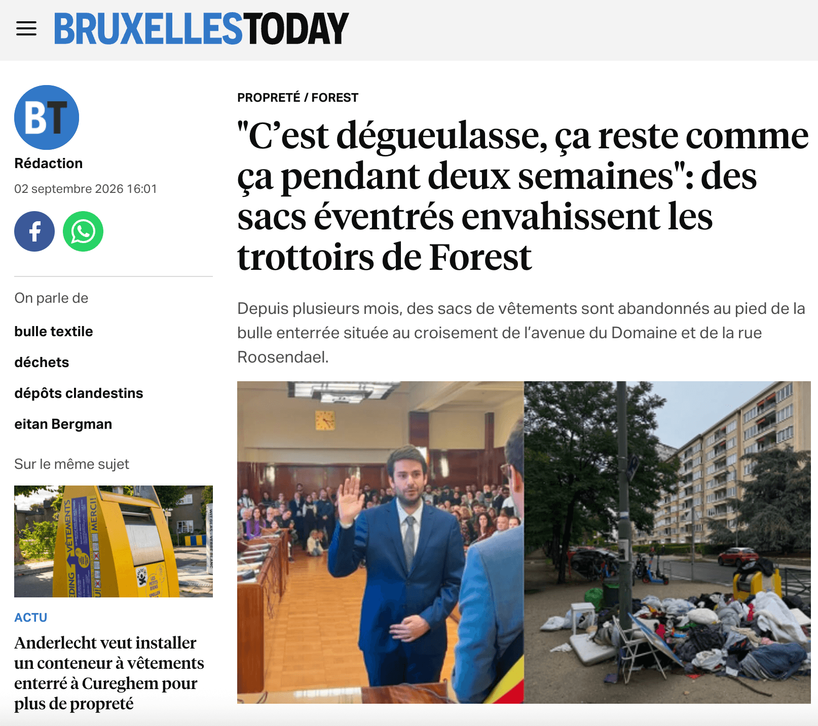 Bruxelles Today : "C’est dégueulasse, ça reste comme ça pendant deux semaines": des sacs éventrés envahissent les trottoirs de Forest